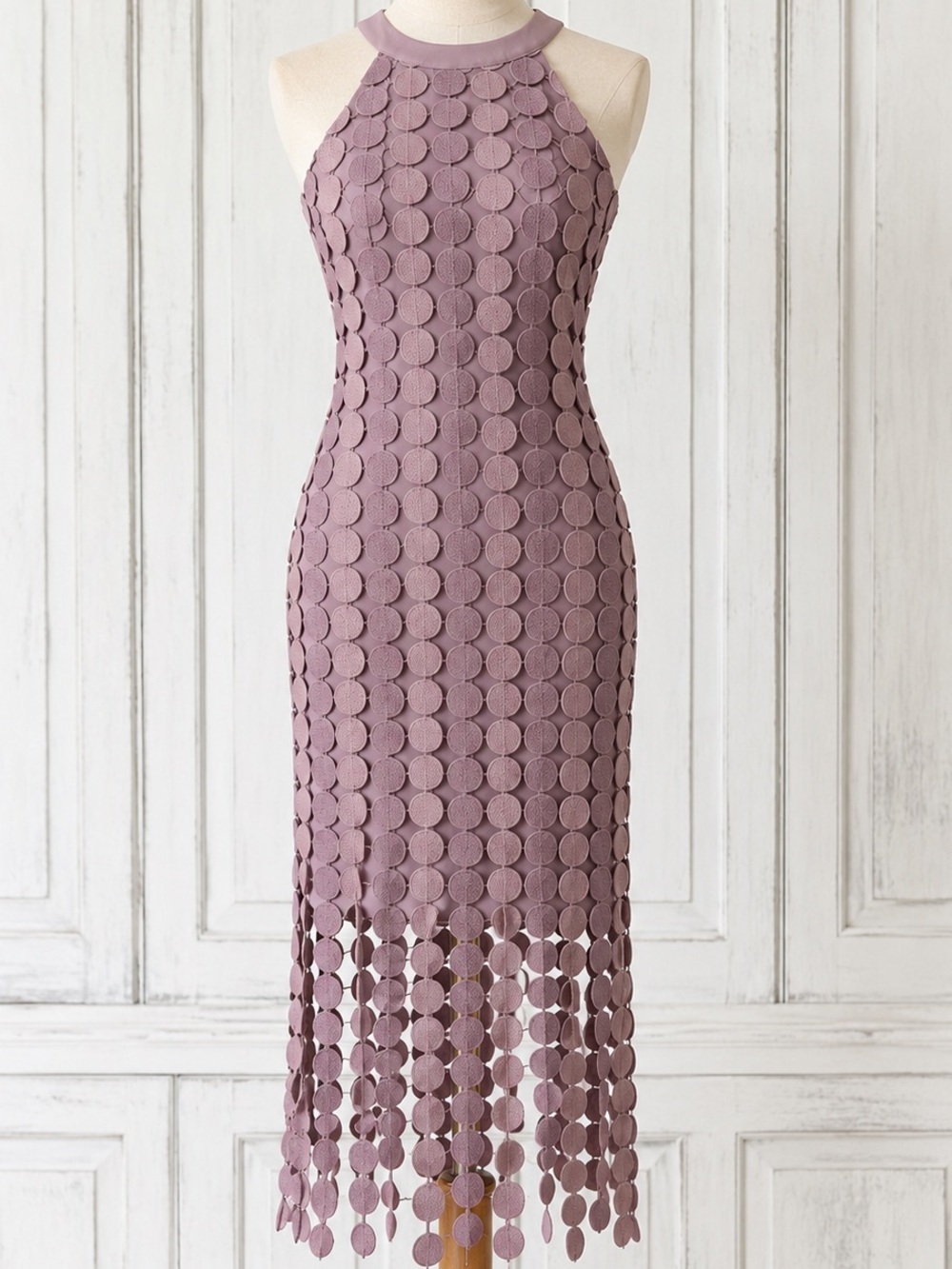 🟠NWT JUST ME Midi Dress w/Circle Discs Overlay in Shades of Mauve SMALL